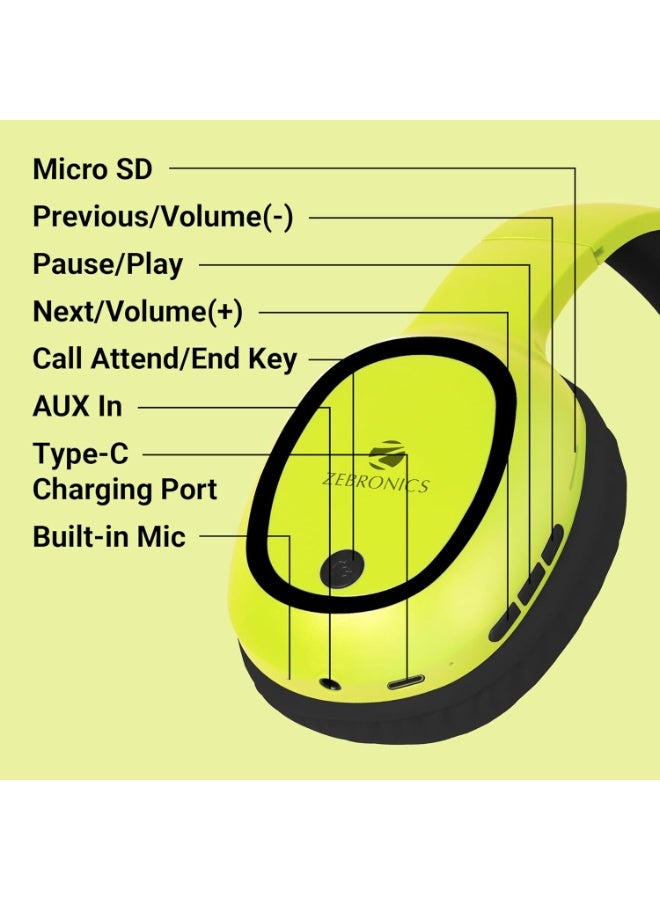 ZEBRONICS Thunder Bluetooth Wireless On Ear Headphone FM, mSD, 60hrs Playback with Mic (Neon Yellow) - Image 4